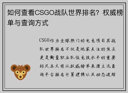 如何查看CSGO战队世界排名？权威榜单与查询方式